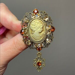 Vintage Gold Cameo Brooch with Amber and Champagne Crystals